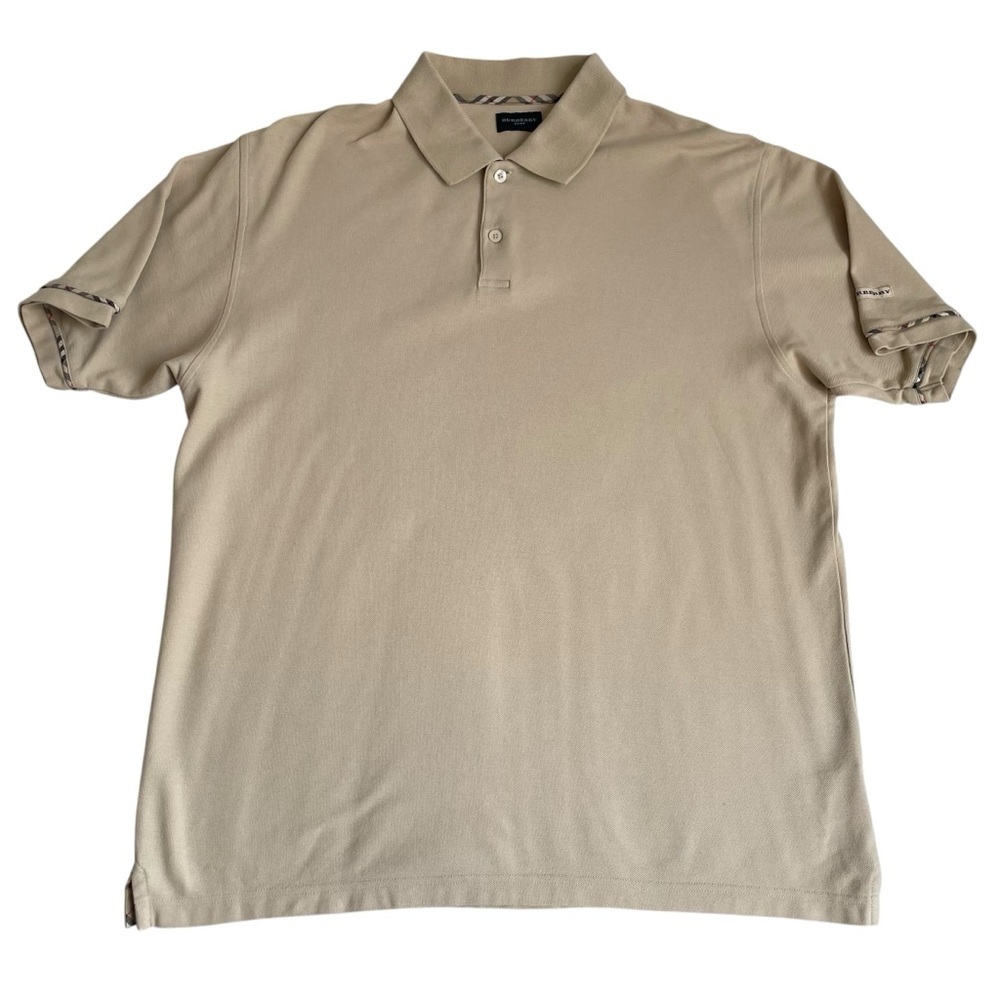 Burberry Golf Polo Shirt Mens L/XL Tan Beige Pique Mesh Nova Check Short Sleeve